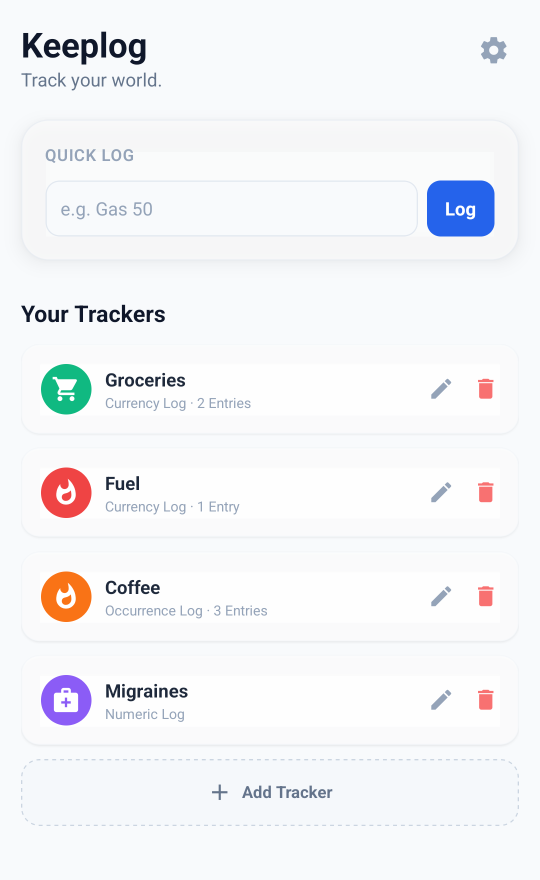 The Keeplog home screen: a Quick Log box above a list of trackers for Groceries, Fuel, Coffee and Migraines.